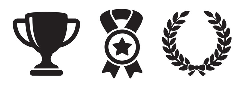 Three black including a trophy cup, a medal with ribbons, and a laurel wreath with a small bow on a white background, for web or, print projects