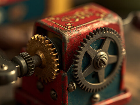 Close-up of vintage brass gear gearbox with retro clockwork machinery details in a handmade workshop toy
