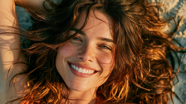 Extreme high-resolution top-down close-up of a smiling woman with sun-kissed skin and freckles, her hair fanned out on a sandy surface.