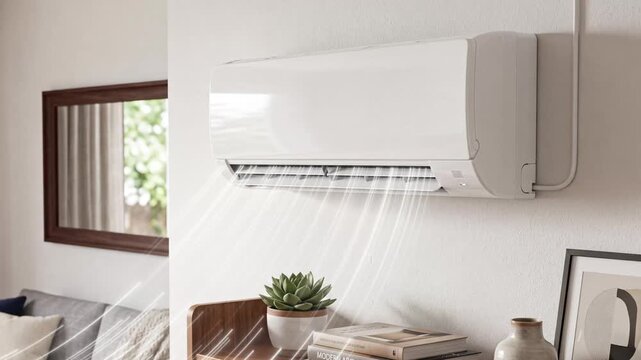 Air Conditioner Cooling Room: A modern wall-mounted air conditioner unit is actively cooling a living space, indicated by streams of cool air flowing out.
