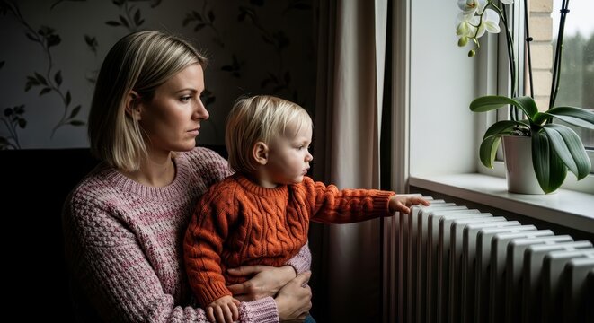 Concerned Mother and Toddler Sitting by Radiator Looking Out Window During Winter Energy Crisis