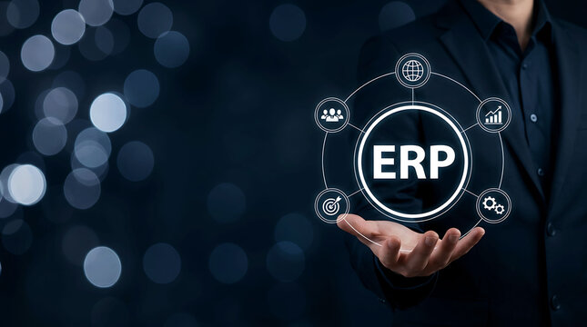 Businessman holding ERP Enterprise Resource Planning software concept background
