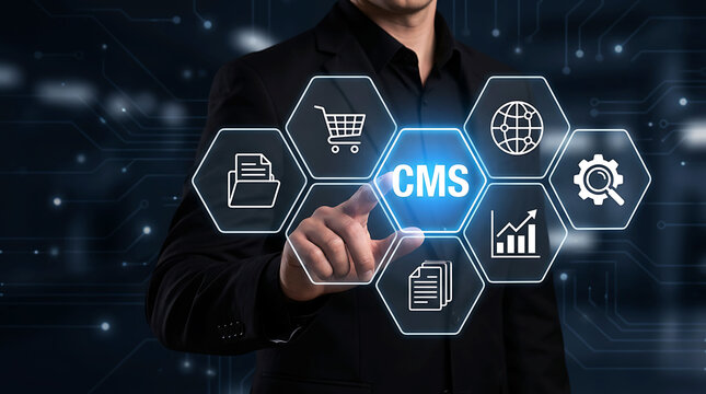 Businessman touching CMS content management system icon on futuristic digital screen