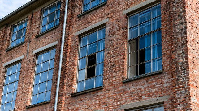Close up of weathered brick facade with multiple on an old industrial style building