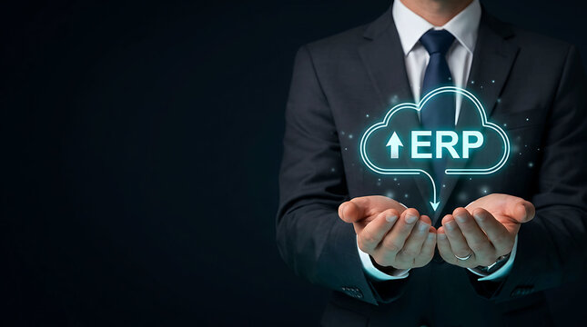 Businessman holding cloud with ERP icon enterprise resource planning concept