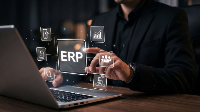 Businessman using ERP system interface on laptop for enterprise resource planning