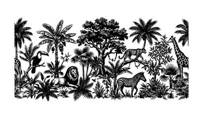 Vintage Tropical Toile Jungle Animal Botanical Seamless Border Vector © Shaon