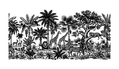 Elegant Tropical Botanical Jungle Mural Seamless Border Vector Illustration © Shaon