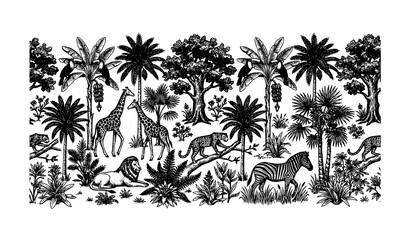 Luxury Tropical Toile Botanical Wildlife Seamless Border Vector Design © Shaon