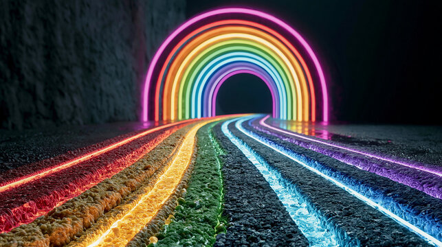 Low-angle cinematic photograph of a futuristic road featuring glowing rainbow light strips leading toward a neon archway in a cavern.