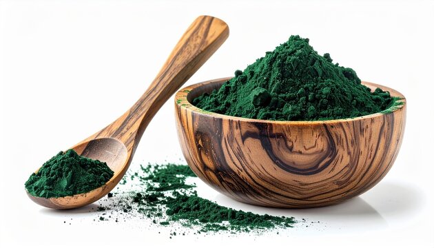 Wooden bowl of spirulina algae powder with wooden spoon isolated on white background