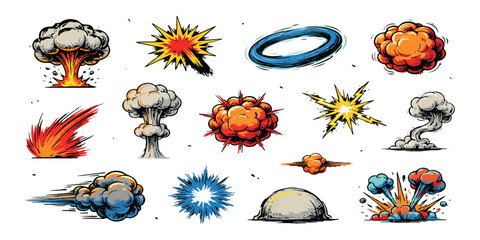 Set of colorful comic book explosion and blast effect icons for action scenes and graphic design © vintage style