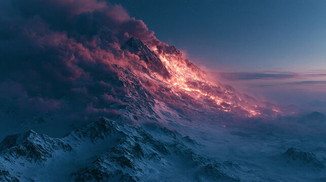 High-resolution atmospheric render of a snowy mountain peak erupting with glowing orange lava under a starry night sky with purple clouds.