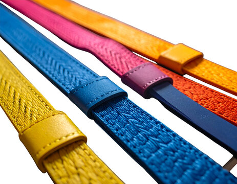 Macro studio shot of colorful woven textile fabric straps with leather loops