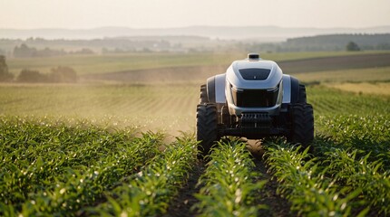 Fototapeta premium Agricultural robot traverses a wide green plantation during the late afternoon, illustrating the use of precision automated machinery to improve efficiency and crop management on a commercial scale.