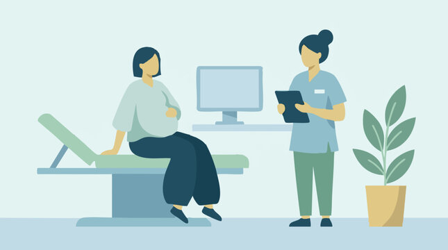 Pregnant woman during prenatal check-up with medical professional
