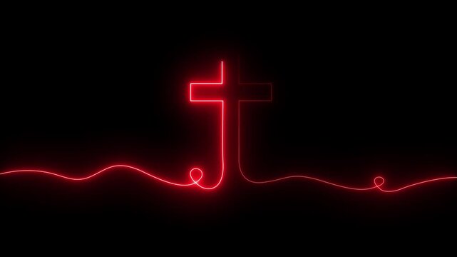 Glowing red Neon Cross Icon with Christian Faith, Bible, Prayer, Church Worship, Easter, Salvation Jesus Christ, holy, God, salvation, Easter, crucifix, crucifixion, hope, 4K Motion Graphics..