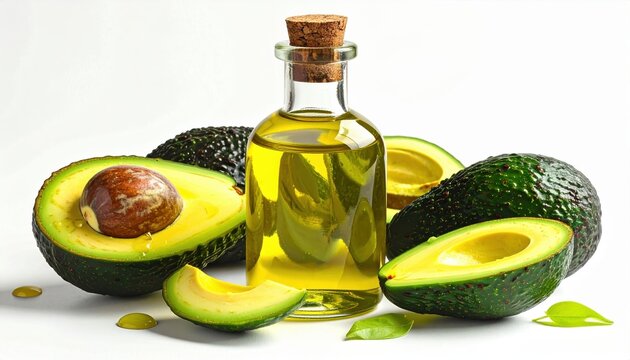 Bottle of avocado oil with fresh avocado slices, isolated on white