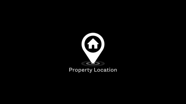 Property location map pin animation on black background, for real estate, and navigation concepts