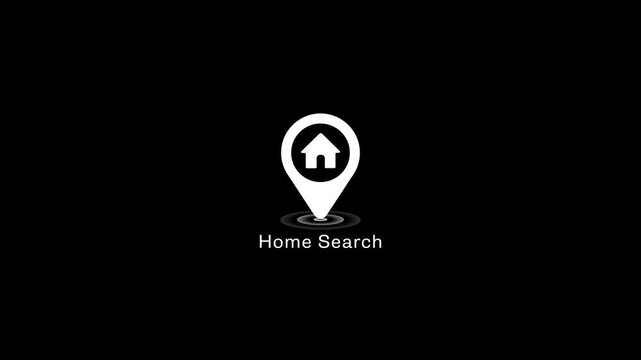 Home search map pin animation, real estate property locator on black background