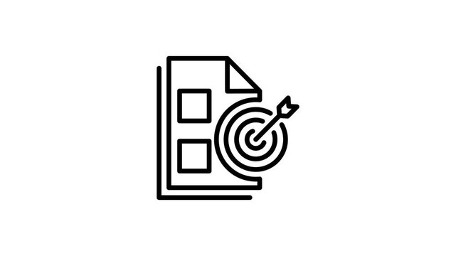 Business strategy target goal animated icon. Arrow with plan checklist document for success and goal. Survey, report, verify note, test and task with aim arrow animation. 4K video with alpha channel