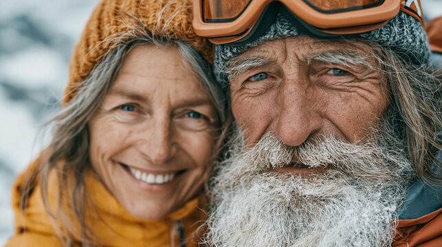 A heartwarming, cinematic portrait of a smiling couple, an older man with a white beard and a woman, geared up for skiing in a snowy mountain landscape.
