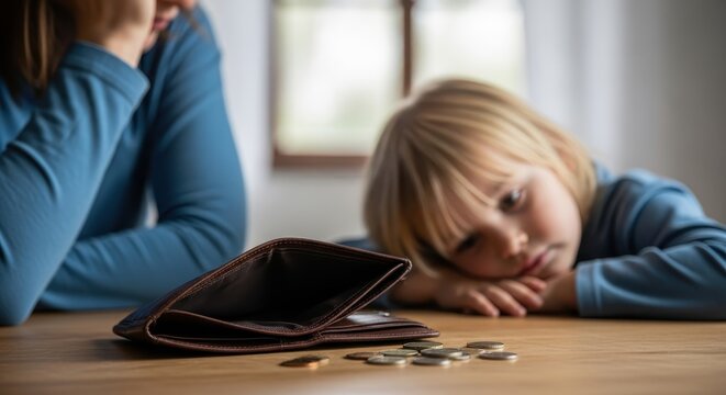 Sad Child and Stressed Mother Looking at Empty Wallet and Few Coins on Table, Financial Crisis and Poverty Concept