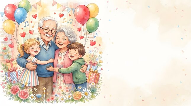 A heartwarming watercolor illustration depicting joyful grandparents embracing their young grandchildren, colorful gift boxes, festive bunting, and a beautiful floral garden border.