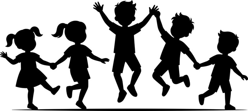 Vector illustration silhouette of a group of happy children jumping and holding hands in excitement, childhood and friendship concept