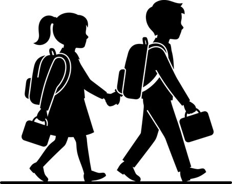 Vector illustration silhouette of a schoolgirl and schoolboy walking to school holding hands, carrying backpacks and lunchboxes, back to school concept