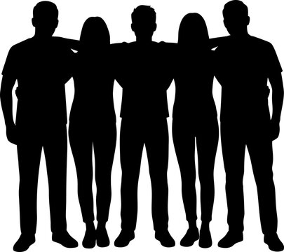 Vector illustration silhouette of a group of five diverse friends standing together with arms around each other, isolated on white background