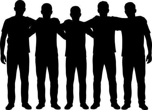 Vector illustration silhouette of five men standing together with arms around each other's shoulders, brotherhood and teamwork concept