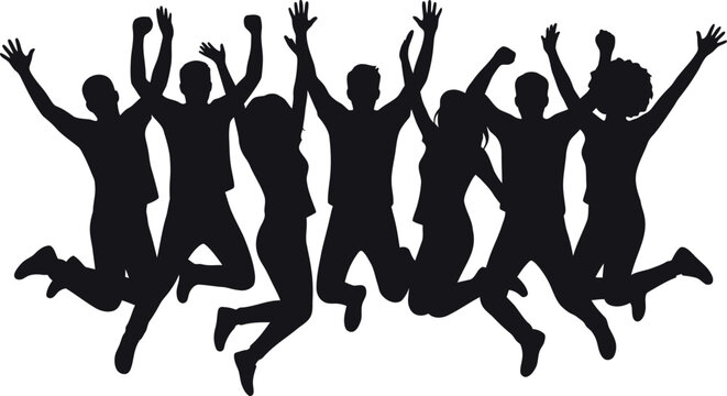 Vector illustration silhouette of a group of happy young people jumping with joy and raising hands, isolated on white background