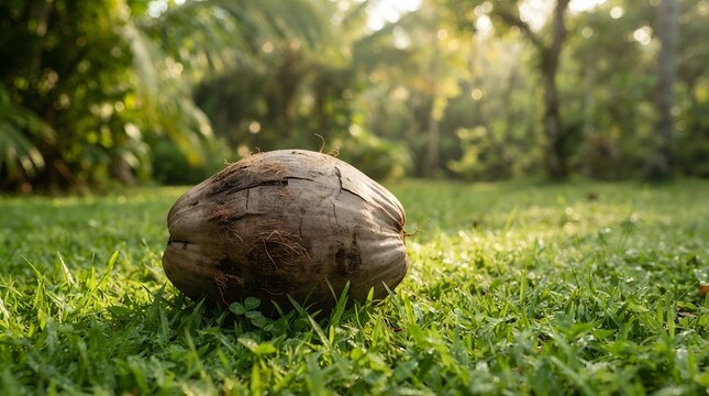 A single textured brown coconut sits on a lush green grassy lawn during a peaceful golden hour in a tropical garden with soft sunlight bokeh background.