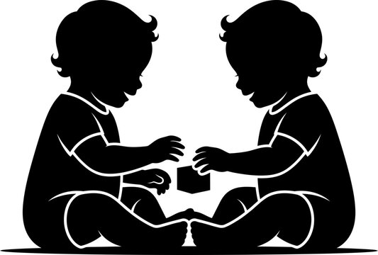 Vector illustration silhouette of two toddlers sitting facing each other and playing with toy blocks