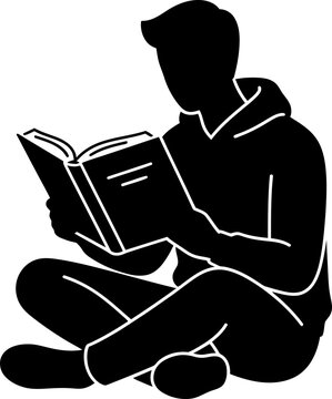 Vector illustration silhouette of a young man sitting cross-legged reading an open book, education and study concept