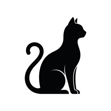 Vector illustration silhouette of a black cat sitting upright in side profile, pet and animal concept