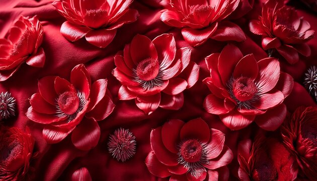 Crimson Red Flowers Scattered On A Matching Rich Velvety Fabric Creating A Luxurious And Romantic Atmosphere Various Petal Shapes Showcase Intricate Textures