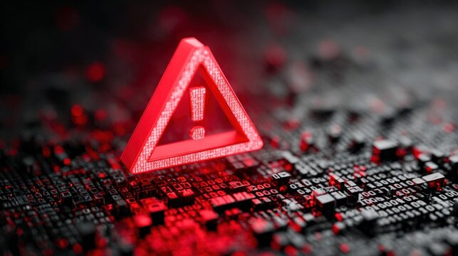 Red digital warning sign with exclamation mark on circuit board with binary code