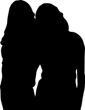Vector illustration silhouette of two female friends leaning heads together and whispering a secret