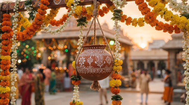 A beautifully hand-painted traditional Indian clay pot, known as a matki, hangs gracefully from a wooden frame adorned with vibrant marigold and jasmine flower garlands.