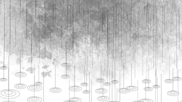 Abstract charcoal rain sketch on textured paper, minimalist pencil drawing of raindrops and water ripples, artistic gray watercolor background