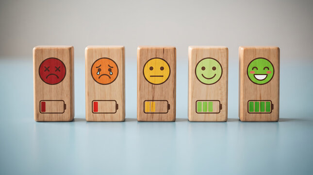 Five wooden blocks with various emoji faces and battery icons showing different levels of emotion from sad to happy.