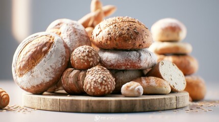 Obraz premium Freshly Baked Artisan Bread Display on a Rustic Wooden Board with Textures and Varieties in Soft Natural Light for Food Photography
