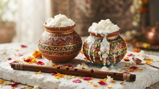 Traditional Indian earthenware pots filled with fresh white butter, adorned with colorful floral patterns, sitting on a stone surface with a wooden flute and petals.