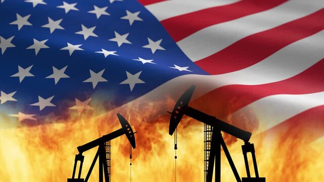 Oil derricks burning over USA flag - background loop