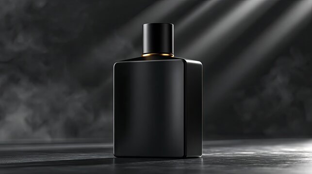 A matte black cologne bottle with golden accents bathed in moody light