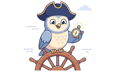 Naklejka premium Friendly cartoon pirate owl character holding a navigation compass with steering