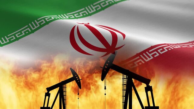 Oil derricks burning over Iran flag - background loop