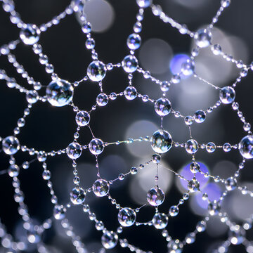 Intricate Geometric Pattern of Sparkling Dew Drops on a Morning Spider Web